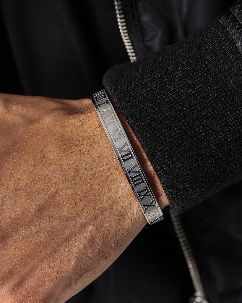 3pcs Set Luxury Roman Number 316L Stainless Steel Silver Cuff Bracelet for Mens - Image 2