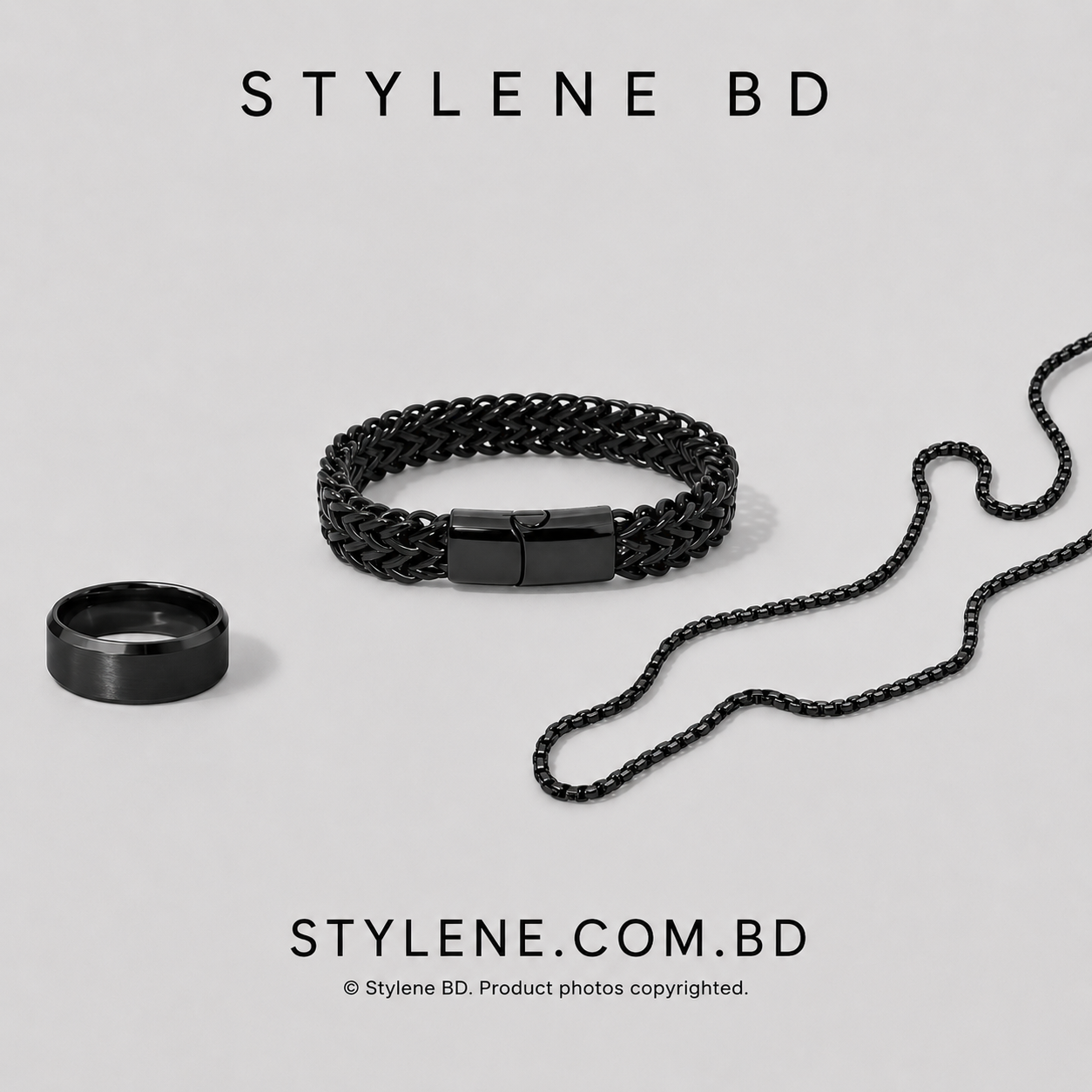 3 in 1 Black Combo-Double Chain Braclet,Black Chain & Ring