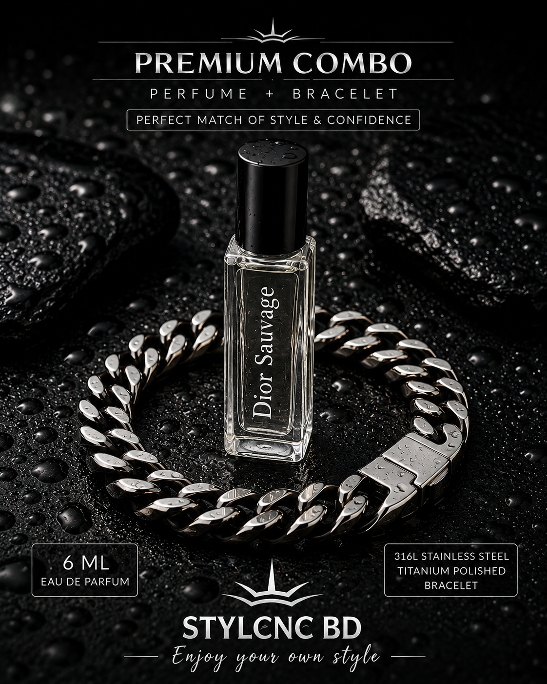 Luxury Combo — Perfume + Bracelet ✨
Elevate your everyday style with premium fragrance and timeless stainless steel elegance.